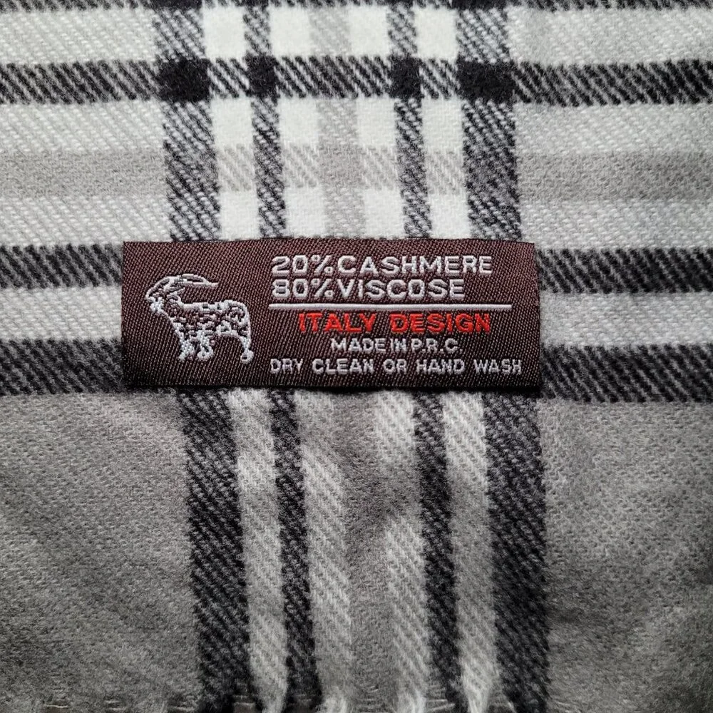 Womens Scarf Cashmere Blend Fringe Italy Design Gray Black Red Plaid - Picture 2 of 6